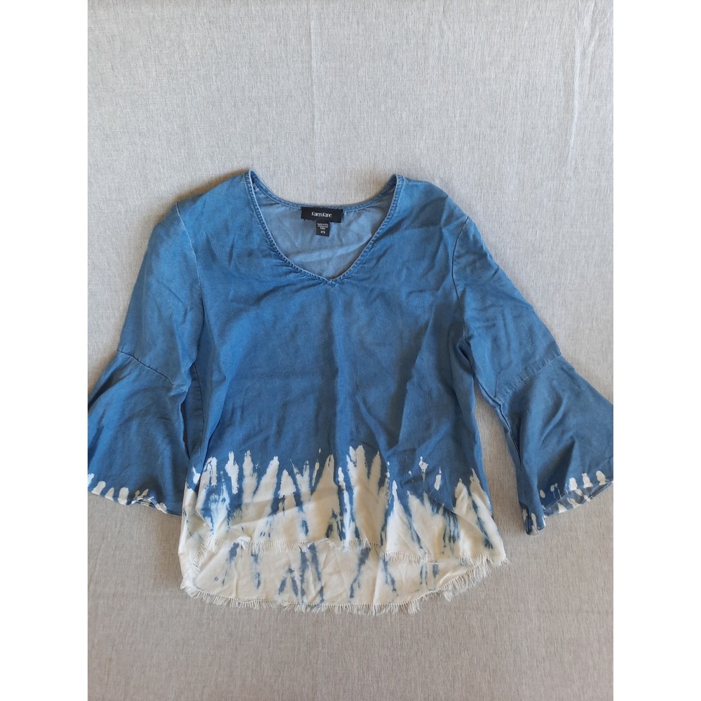Karen Kane Women XS Blouse Tie-Dyed V-neck Long Bell Sleeves Fringe Hem Chambray